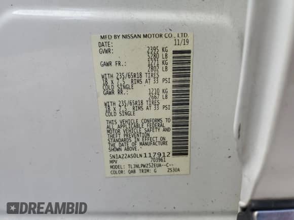 2020 Nissan Murano S with VIN 5N1AZ2AS0LN117912, listed as a Copart auction lot 80611285 with 70,343 mi miles and Salvage title. Bid and sale history available at DreamBid. Image 13.