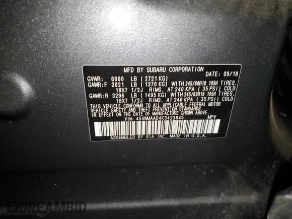 2019 Subaru Ascent z VIN 4S4WMAAD4K3423845, wystawiony jako Copart lot #83192014 z przebiegiem Nie podano mil oraz Szkoda całkowita • Salvage title. Historia ofert i sprzedaży dostępna na DreamBid. Obrazek 15.