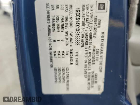 1999 Chevrolet S-10 с VIN 1GCCS14X1X8133382, выставлен на аукционе Copart как лот 47482475 с пробегом Не указан миль и На запчасти • Non repairable. История ставок и продаж доступна на DreamBid. Изображение 12.