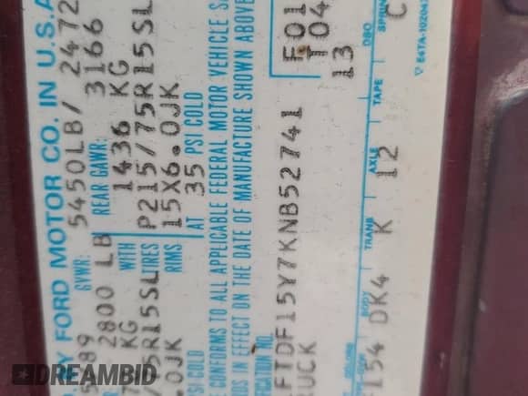 1989 Ford F-150 z VIN 1FTDF15Y7KNB52741, wystawiony jako Copart lot #41561205 z przebiegiem 212 932 mil mil oraz Szkoda całkowita • Salvage title. Historia ofert i sprzedaży dostępna na DreamBid. Obrazek 13.