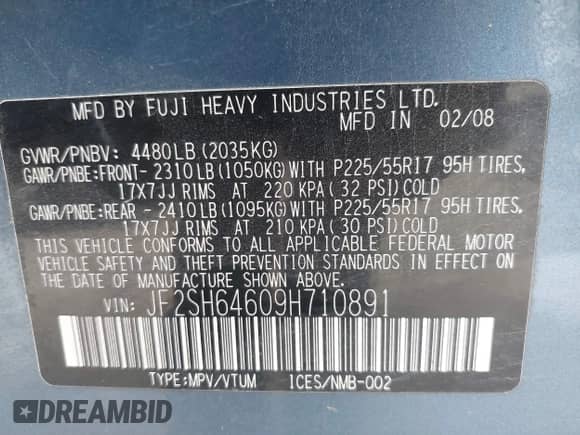 2009 Subaru Forester X Limited with VIN JF2SH64609H710891, listed as a IAAI auction lot 42929654 with 211,341 mi miles and . Bid and sale history available at DreamBid. Image 9.