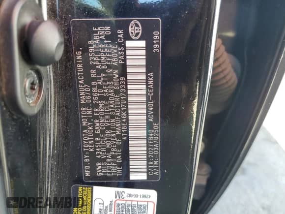 2007 Toyota Camry CE z VIN 4T1BE46K17U173339, wystawiony jako Copart lot #85784355 z przebiegiem 235 301 mil mil oraz Czysty tytuł • Clean title. Historia ofert i sprzedaży dostępna na DreamBid. Obrazek 12.