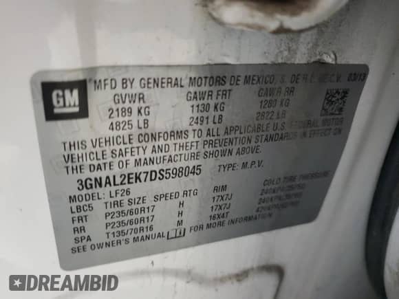 2013 Chevrolet Captiva Sport LS z VIN 3GNAL2EK7DS598045, wystawiony jako Copart lot #89560915 z przebiegiem 113 105 mil mil oraz Szkoda całkowita • Salvage title. Historia ofert i sprzedaży dostępna na DreamBid. Obrazek 13.