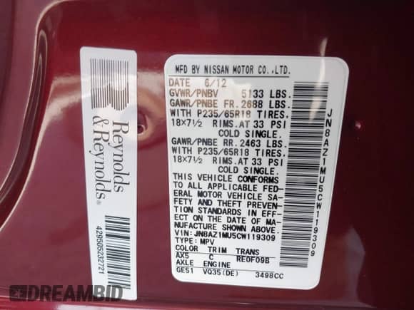 2012 Nissan Murano S with VIN JN8AZ1MU5CW119309, listed as a IAAI auction lot 42357696 with 40,827 mi miles and . Bid and sale history available at DreamBid. Image 9.