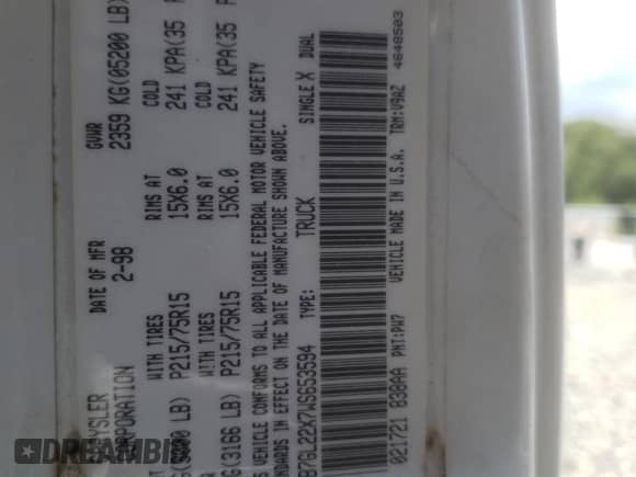 1998 Dodge Dakota SLT with VIN 1B7GL22X7WS653594, listed as a Copart auction lot 65887935 with 151,703 mi miles and Salvage title. Bid and sale history available at DreamBid. Image 12.