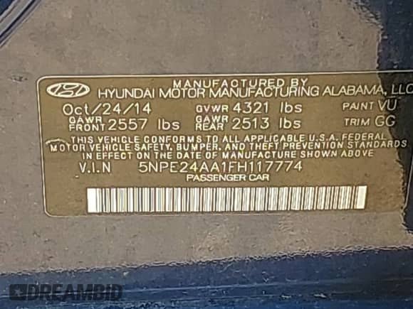2015 Hyundai Sonata Eco with VIN 5NPE24AA1FH117774, listed as a IAAI auction lot 42616331 with 48,866 mi miles and . Bid and sale history available at DreamBid. Image 9.