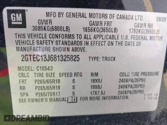 2008 GMC Sierra 1500 SLE1 с VIN 2GTEC13J681325825, выставлен на аукционе IAAI как лот 42911010 с пробегом 246 861 миль миль и . История ставок и продаж доступна на DreamBid. Изображение 9.
