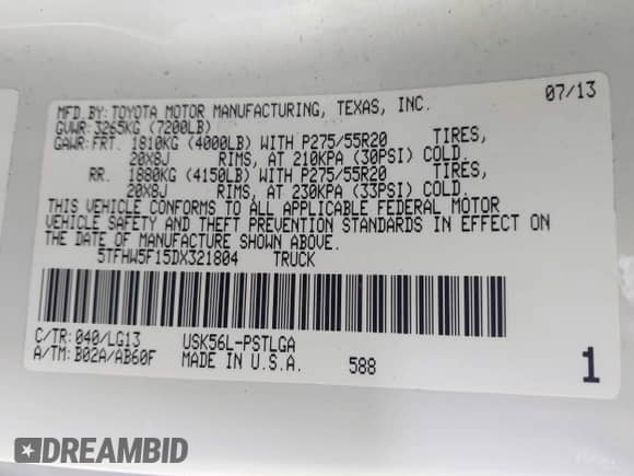 2013 Toyota Tundra Limited с VIN 5TFHW5F15DX321804, выставлен на аукционе IAAI как лот 42903708 с пробегом 114 587 миль миль и . История ставок и продаж доступна на DreamBid. Изображение 9.