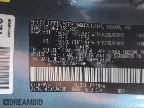 2017 Toyota Sienna XLE Auto Access Seat with VIN 5TDYZ3DC3HS887696, listed as a IAAI auction lot 42630207 with 76,997 mi miles and . Bid and sale history available at DreamBid. Image 9.