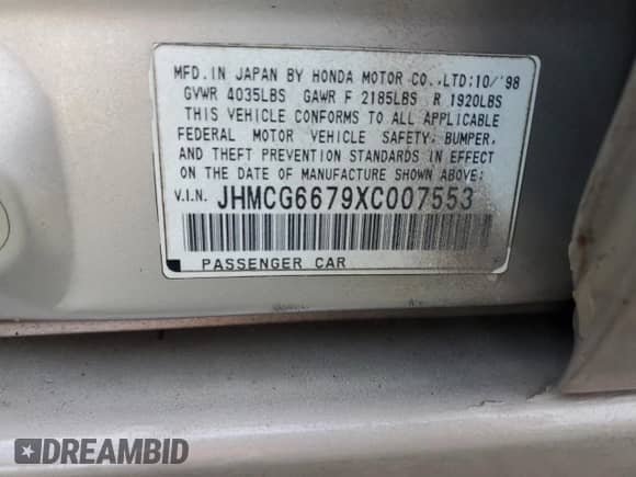 1999 Honda Accord EX with VIN JHMCG6679XC007553, listed as a Copart auction lot 89635465 with 234,471 mi miles and Non repairable. Bid and sale history available at DreamBid. Image 12.