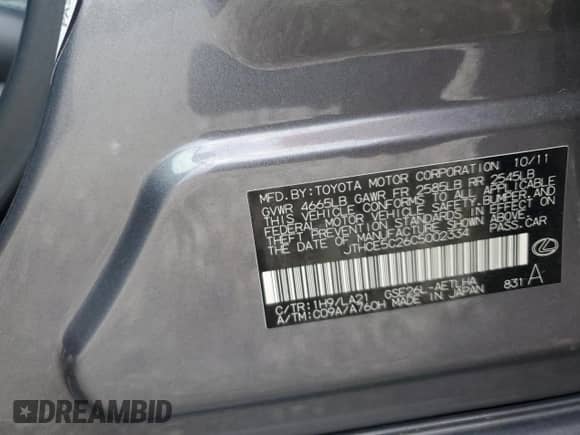 2012 Lexus IS 350 z VIN JTHCE5C26C5002334, wystawiony jako Copart lot #62225635 z przebiegiem 133 803 mil mil oraz Szkoda całkowita • Salvage title. Historia ofert i sprzedaży dostępna na DreamBid. Obrazek 12.