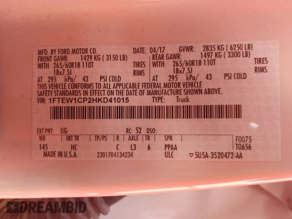 2017 Ford F-150 XL z VIN 1FTEW1CP2HKD41015, wystawiony jako IAAI lot #43171067 z przebiegiem 132 846 mil mil oraz . Historia ofert i sprzedaży dostępna na DreamBid. Obrazek 9.
