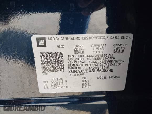 2020 Chevrolet Equinox LT с VIN 3GNAXVEX8LS648340, выставлен на аукционе IAAI как лот 42751942 с пробегом 78 726 миль миль и . История ставок и продаж доступна на DreamBid. Изображение 9.
