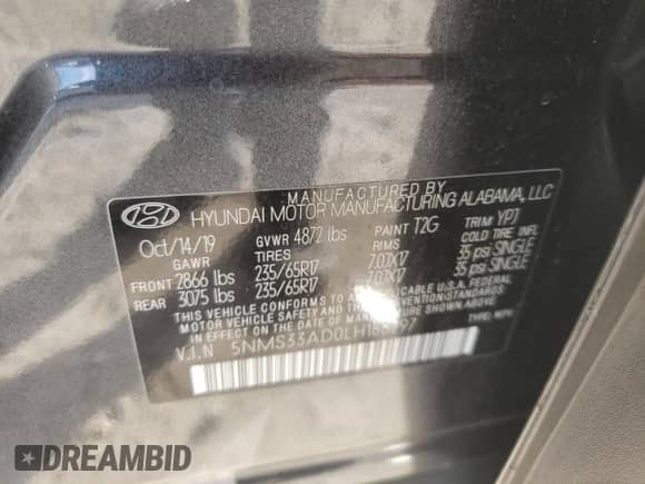 2020 Hyundai Santa Fe SEL with VIN 5NMS33AD0LH188297, listed as a Copart auction lot 67265452 with 40,437 mi miles and . Bid and sale history available at DreamBid. Image 14.