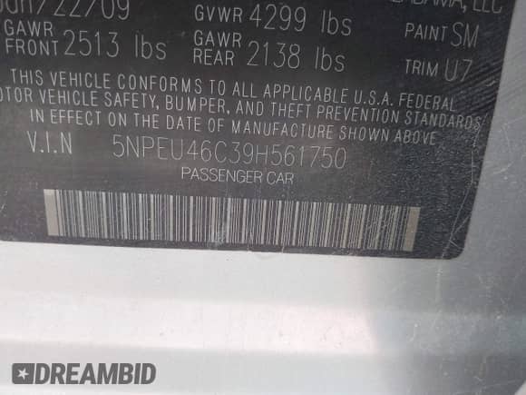 2009 Hyundai Sonata Limited с VIN 5NPEU46C39H561750, выставлен на аукционе IAAI как лот 43444403 с пробегом 267 111 миль миль и . История ставок и продаж доступна на DreamBid. Изображение 9.