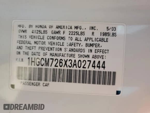 2003 Honda Accord EX с VIN 1HGCM726X3A027444, выставлен на аукционе Copart как лот 82602155 с пробегом 340 275 миль миль и Списание • Salvage title. История ставок и продаж доступна на DreamBid. Изображение 12.