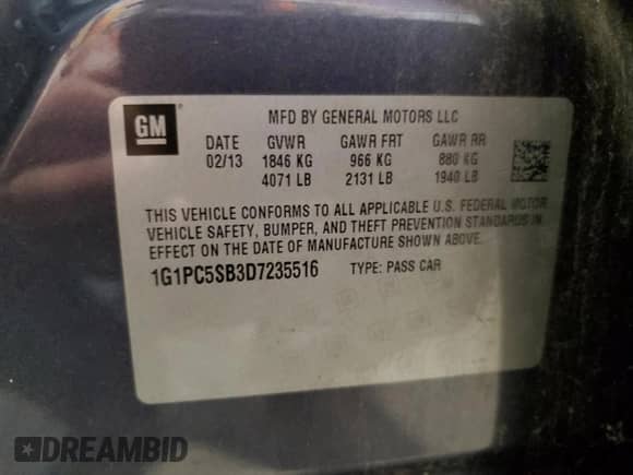 2013 Chevrolet Cruze 1LT with VIN 1G1PC5SB3D7235516, listed as a Copart auction lot 80439505 with 91,156 mi miles and Salvage title. Bid and sale history available at DreamBid. Image 13.