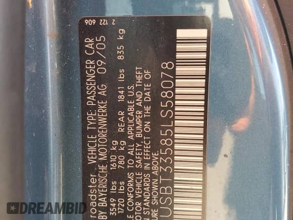 2005 BMW Z4 2.5i with VIN 4USBT33585LS58078, listed as a Copart auction lot 63306705 with 159,396 mi miles and Clean title. Bid and sale history available at DreamBid. Image 12.