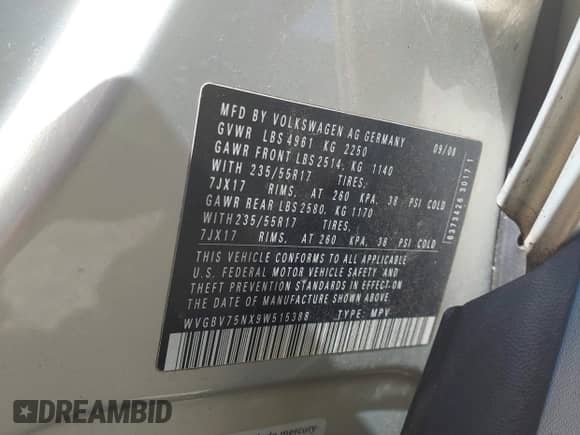 2009 Volkswagen Tiguan SE с VIN WVGBV75NX9W515388, выставлен на аукционе IAAI как лот 43061306 с пробегом 127 862 миль миль и . История ставок и продаж доступна на DreamBid. Изображение 9.