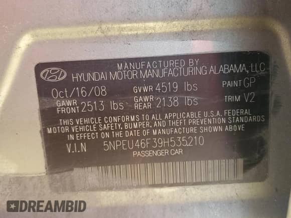 2009 Hyundai Sonata SE с VIN 5NPEU46F39H535210, выставлен на аукционе Copart как лот 85356305 с пробегом 188 880 миль миль и Списание • Salvage title. История ставок и продаж доступна на DreamBid. Изображение 12.