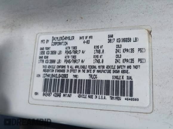 2003 Dodge 1500 ST z VIN 1D7HA18NX3J643983, wystawiony jako IAAI lot #42724762 z przebiegiem 175 450 mil mil oraz . Historia ofert i sprzedaży dostępna na DreamBid. Obrazek 9.