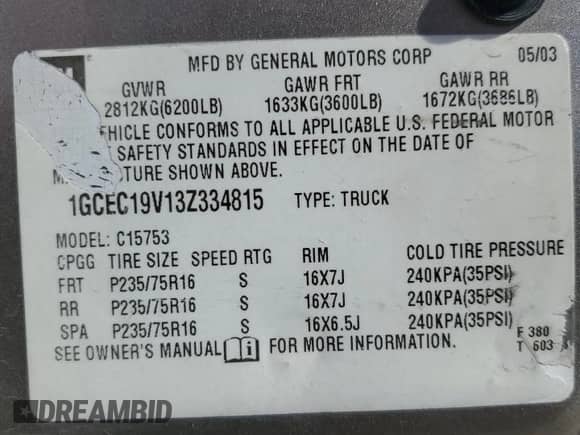 2003 Chevrolet Silverado 1500 LS с VIN 1GCEC19V13Z334815, выставлен на аукционе Copart как лот 86487075 с пробегом 358 001 миль миль и Списание • Salvage title. История ставок и продаж доступна на DreamBid. Изображение 12.