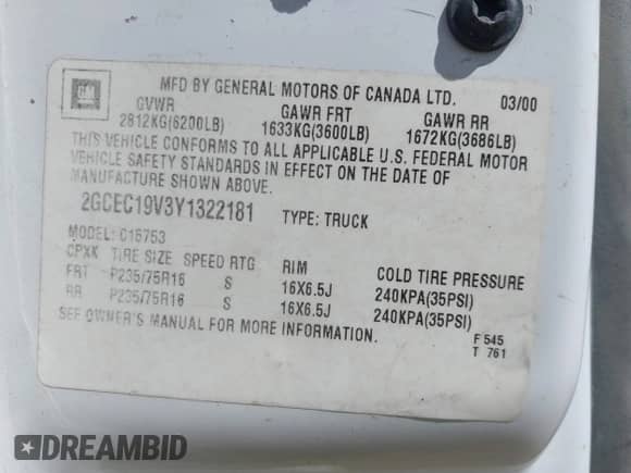 2000 Chevrolet Silverado 1500 LS with VIN 2GCEC19V3Y1322181, listed as a IAAI auction lot 42785199 with 281,272 mi miles and . Bid and sale history available at DreamBid. Image 9.