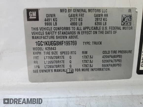 2017 Chevrolet Silverado 2500HD Work Truck with VIN 1GC1KUEG8HF199769, listed as a Copart auction lot 62151195 with 61,225 mi miles and Salvage title. Bid and sale history available at DreamBid. Image 12.