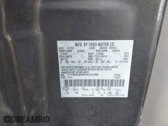 2007 Ford F-150 XLT с VIN 1FTRW02W07KC31390, выставлен на аукционе IAAI как лот 42337875 с пробегом 158 701 миль миль и . История ставок и продаж доступна на DreamBid. Изображение 9.