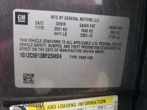 2011 Chevrolet Malibu 1LT with VIN 1G1ZC5E13BF239824, listed as a Copart auction lot 81079665 with 173,417 mi miles and Salvage title. Bid and sale history available at DreamBid. Image 13.