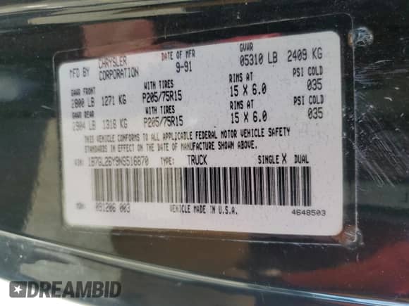 1992 Dodge Dakota with VIN 1B7GL26Y9NS516870, listed as a Copart auction lot 49988595 with 62,974 mi miles and Salvage title. Bid and sale history available at DreamBid. Image 12.