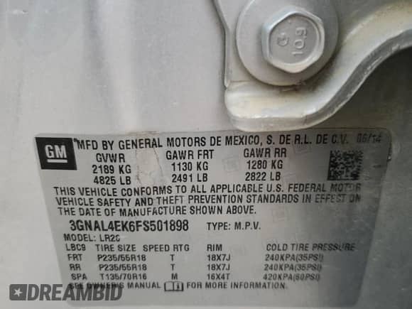 2015 Chevrolet Captiva Sport LTZ with VIN 3GNAL4EK6FS501898, listed as a Copart auction lot 68293794 with 102,095 mi miles and Salvage title. Bid and sale history available at DreamBid. Image 13.