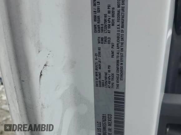2021 Ram ProMaster Cargo with VIN 3C6LRVBG9ME576281, listed as a Copart auction lot 62472315 with 92,851 mi miles and Salvage title. Bid and sale history available at DreamBid. Image 13.
