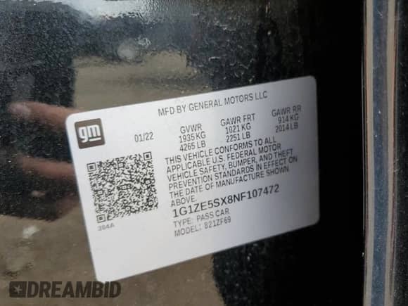 2022 Chevrolet Malibu Premier с VIN 1G1ZE5SX8NF107472, выставлен на аукционе Copart как лот 65186945 с пробегом 53 190 миль миль и Списание • Salvage title. История ставок и продаж доступна на DreamBid. Изображение 12.