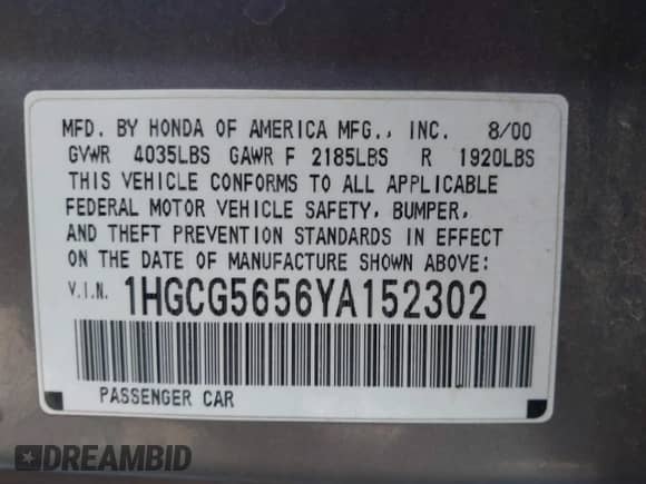 2000 Honda Accord EX with VIN 1HGCG5656YA152302, listed as a IAAI auction lot 42655866 with 290,049 mi miles and . Bid and sale history available at DreamBid. Image 9.