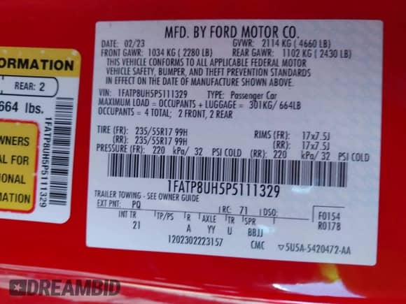 2023 Ford Mustang EcoBoost с VIN 1FATP8UH5P5111329, выставлен на аукционе IAAI как лот 43358782 с пробегом 46 154 миль миль и . История ставок и продаж доступна на DreamBid. Изображение 9.