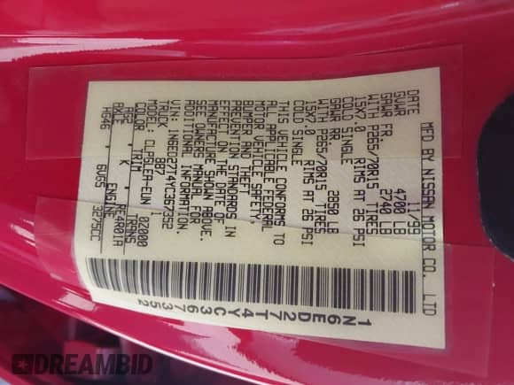2000 Nissan Frontier XE with VIN 1N6ED27T4YC367352, listed as a IAAI auction lot 42827052 with 159,465 mi miles and . Bid and sale history available at DreamBid. Image 9.