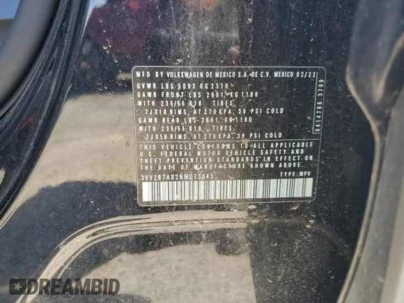 2022 Volkswagen Tiguan SE with VIN 3VV2B7AX2NM073643, listed as a Copart auction lot 71871025 with 53,523 mi miles and Salvage title. Bid and sale history available at DreamBid. Image 13.