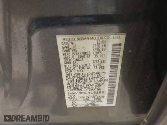 2006 Nissan Frontier SE с VIN 1N6AD07U96C416196, выставлен на аукционе IAAI как лот 42267679 с пробегом 180 947 миль миль и . История ставок и продаж доступна на DreamBid. Изображение 9.