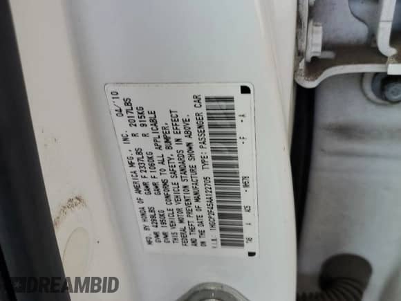 2010 Honda Accord LX-P with VIN 1HGCP2F45AA122705, listed as a Copart auction lot 69220855 with 175,199 mi miles and Salvage title. Bid and sale history available at DreamBid. Image 12.