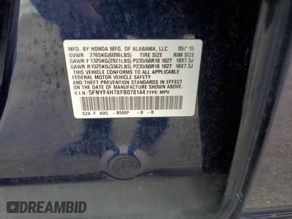 2015 Honda Pilot EX-L with VIN 5FNYF4H7XFB078144, listed as a Copart auction lot 71542885 with 248,660 mi miles and Non repairable. Bid and sale history available at DreamBid. Image 14.