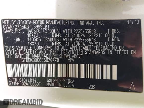 2014 Toyota Sienna Limited с VIN 5TDDK3DC6ES076778, выставлен на аукционе IAAI как лот 41387091 с пробегом 173 497 миль миль и . История ставок и продаж доступна на DreamBid. Изображение 9.