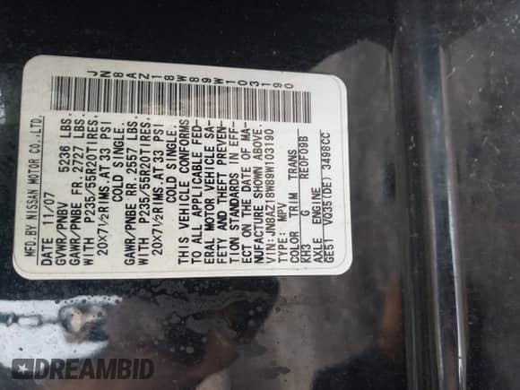 2009 Nissan Murano SL with VIN JN8AZ18W89W103190, listed as a IAAI auction lot 42456001 with 206,316 mi miles and . Bid and sale history available at DreamBid. Image 9.