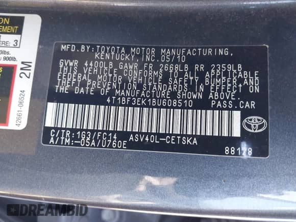 2011 Toyota Camry LE with VIN 4T1BF3EK1BU608510, listed as a IAAI auction lot 43492031 with 195,358 mi miles and . Bid and sale history available at DreamBid. Image 9.