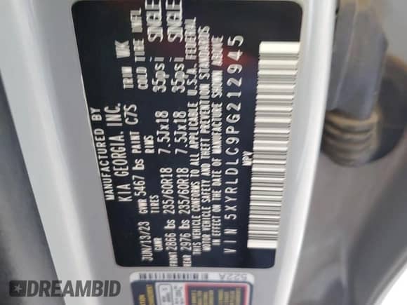 2023 Kia Sorento X-Line S with VIN 5XYRLDLC9PG212945, listed as a Copart auction lot 69125815 with 33,599 mi miles and Salvage title. Bid and sale history available at DreamBid. Image 12.