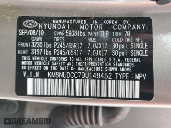 2011 Hyundai Veracruz GLS с VIN KM8NUDCC7BU148452, выставлен на аукционе Copart как лот 68307825 с пробегом 221 274 миль миль и Чистый • Clean title. История ставок и продаж доступна на DreamBid. Изображение 13.