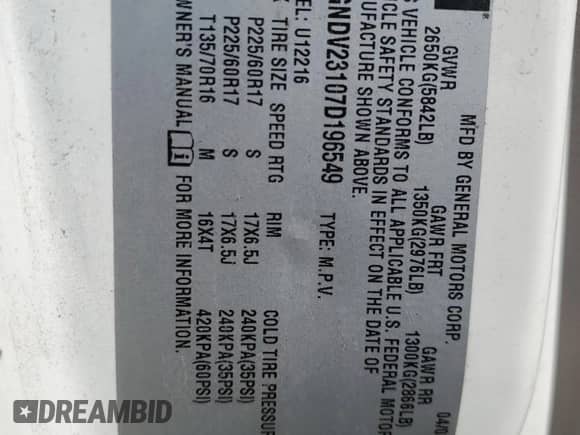 2007 Chevrolet Uplander LS Fleet с VIN 1GNDV23107D196549, выставлен на аукционе Copart как лот 62725274 с пробегом 190 523 миль миль и Чистый • Clean title. История ставок и продаж доступна на DreamBid. Изображение 12.