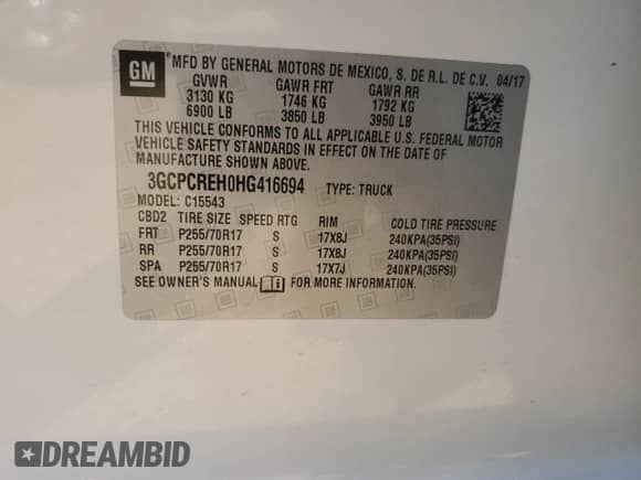 2017 Chevrolet Silverado 1500 LT with VIN 3GCPCREH0HG416694, listed as a Copart auction lot 52255005 with 96,527 mi miles and Clean title. Bid and sale history available at DreamBid. Image 12.