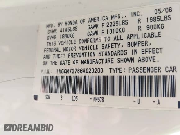 2006 Honda Accord EX с VIN 1HGCM72766A020200, выставлен на аукционе IAAI как лот 42733815 с пробегом 137 738 миль миль и . История ставок и продаж доступна на DreamBid. Изображение 9.