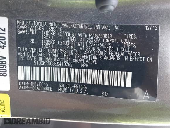 2014 Toyota Sienna SE with VIN 5TDXK3DC8ES440762, listed as a IAAI auction lot 42852260 with 191,156 mi miles and . Bid and sale history available at DreamBid. Image 9.